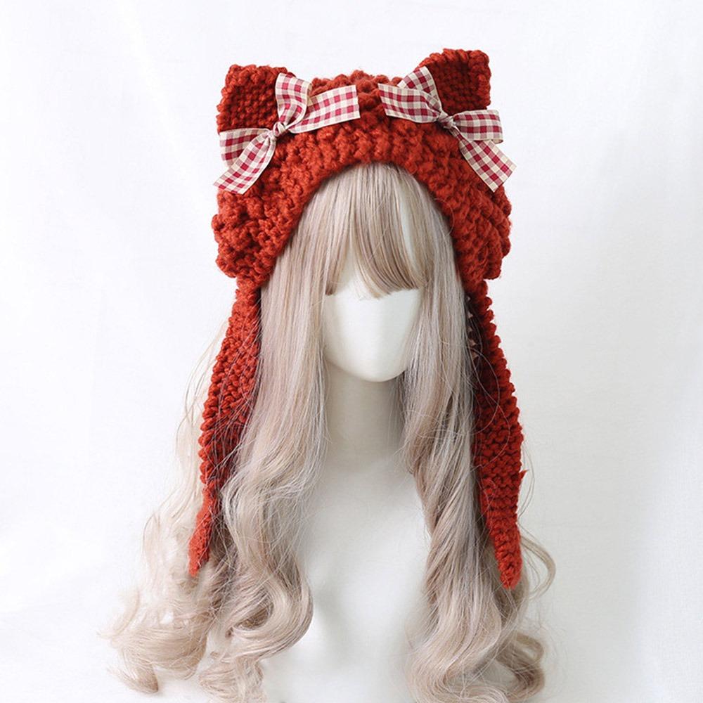 Fashion Cartoon Knitted Cat Ear Hat Ear Protection Casual Crochet Wool Hat Cute With Bow Photo Props Cap Outdoor