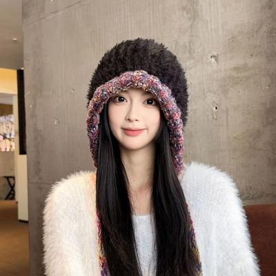 Χειμερινό βελούδινο πουλόβερ καπέλο με χρωματική αντίθεση, κορδόνι, καπέλο προστασίας αυτιών, μοντέρνο κρύο και ζεστό πλεκτό καπέλο, γυναικείο καπέλο