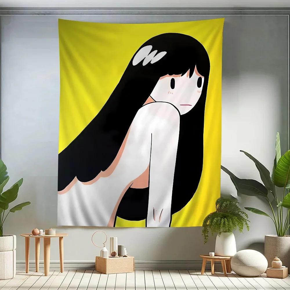Minimalist Anime Girl Tapestry Abstract Illustration Polyester Wall Hanging Japanese Style Dorm Bedroom Decor