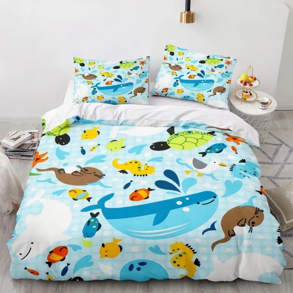 Cartoon Bedding Sets Sea Animals Soft Polyester Kids Boys Bed Linen Queen King Full Single Size Dinosaur Duvet Cover Sets Gifts