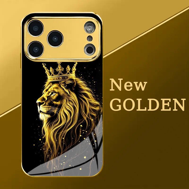 Crown Golden Lion Print Metallic Tempered Glass Phone Case For iPhone 18 17 16 15 14 13 12 11 Pro Max 14 Plus 17 Air 16E Cover