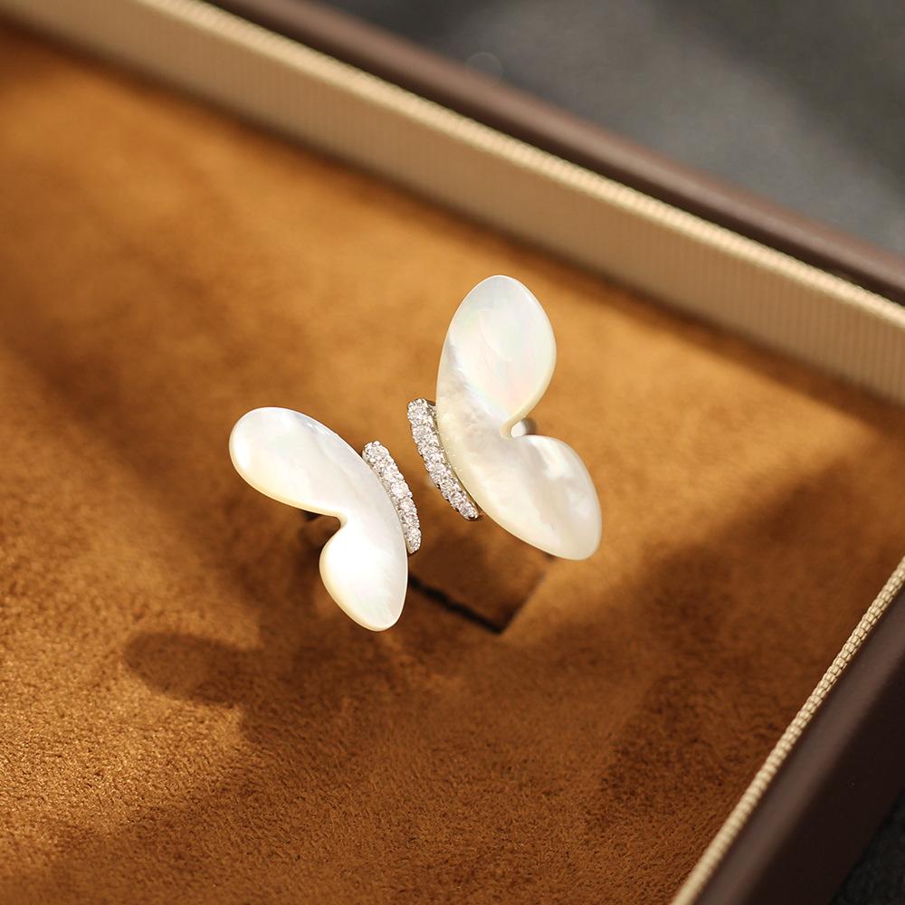 High-End Niche Natural Fritillary Butterfly Wing Opening Ring Exquisite Diamond-Set Adjustable Size Index Finger Ring Women S Model Adjustable opening