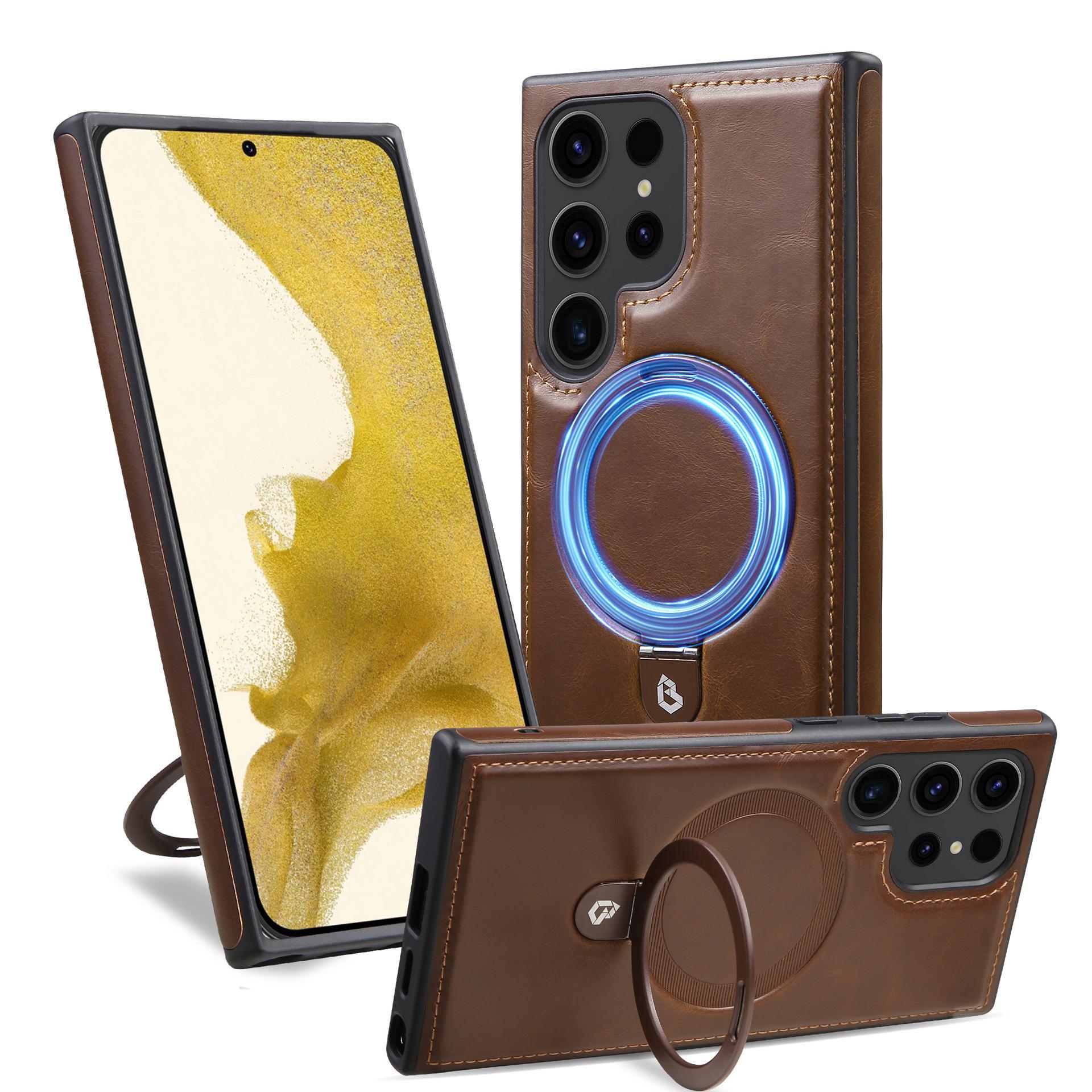 

Samsung S26 Ultra/Plus Case with Magnetic Ring Holder, Leather Sticker, & Anti-fall Protection S23 Plus