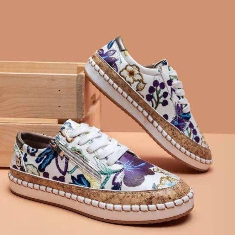 Color Matching Printed Lace-up Flat Single Shoes Women's New Light Mouth Casual Shoes Board Shoes Women's Sports Shoes