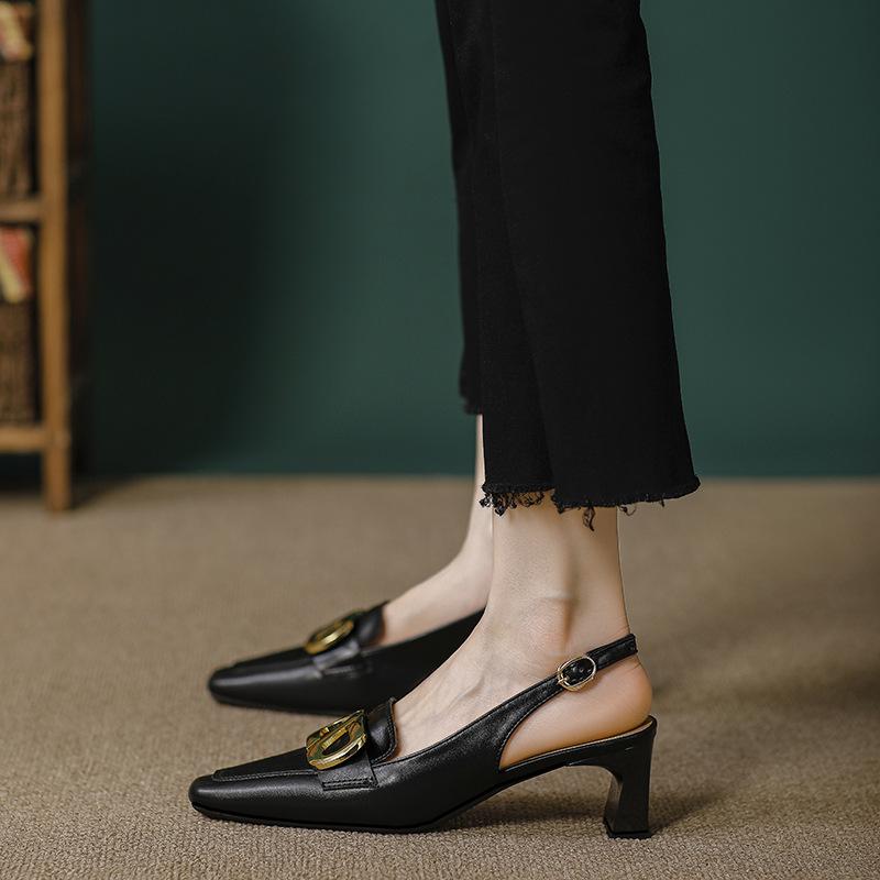 Pantofi cu toc înalt cu vârf pătrat, cu temperament, cu toc gros, pantofi simpli, nou, piele, vârf acoperit, sandale goale