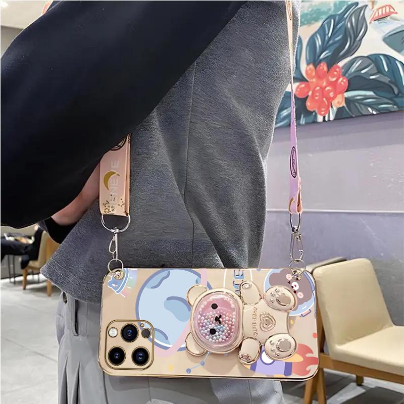 Space Bear Lanyard Holder Case For 14 15 11 12 13 Pro Max Mini 8 7 6 S Plus X Xr Xs Max Crossbody 15pro Strap Stand Cover