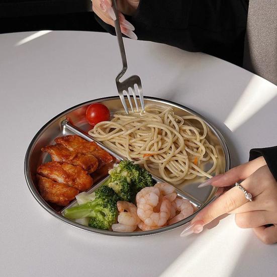 Stainless Steel Dinner Plates Silicone Suction Divided Serving Tray Stackable Breakfast Plates Kids Snack Tray Lunch Container for School