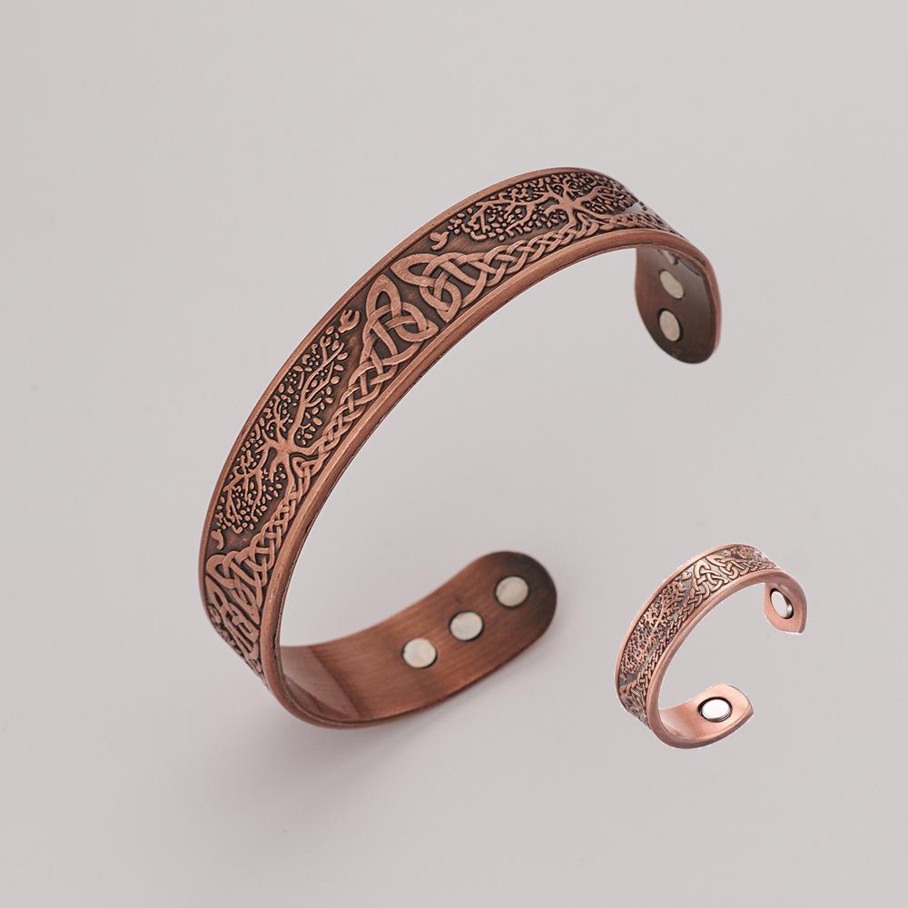 Magnetic Stone Bracelet & Ring Set: Antique Red Copper, Retro Style, Tree Design - Unisex Jewelry