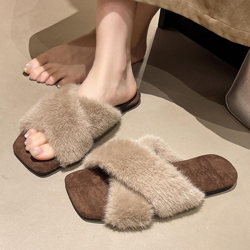 

Модные женские балетки с квадратным носком, меховые тапочки, дизайнерская элегантная обувь 2025 зима, новые шлепанцы, модные повседневные сандалии, платья, zapatos mujer 40 хаки