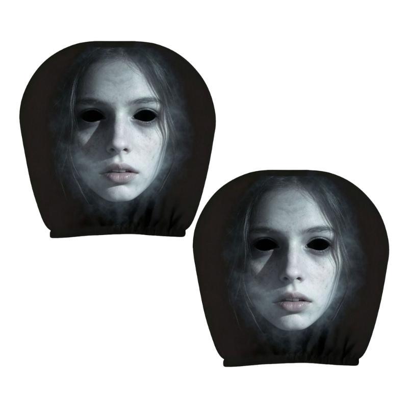 Vehicle Headrest Cover Set with Dark Print Halloween Theme, 2 Piece Polyester Pull-On Headrest Sleeve for Spooky Seat Styling Use