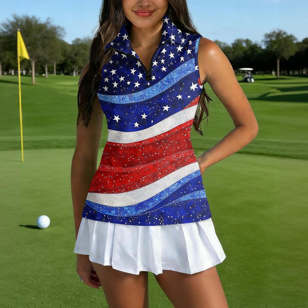 Women Sleeveless Golf Polo Shirt Zipper Collar Casual Athletic Tank Top with Printed Pattern for Sports and Outdoor Activities