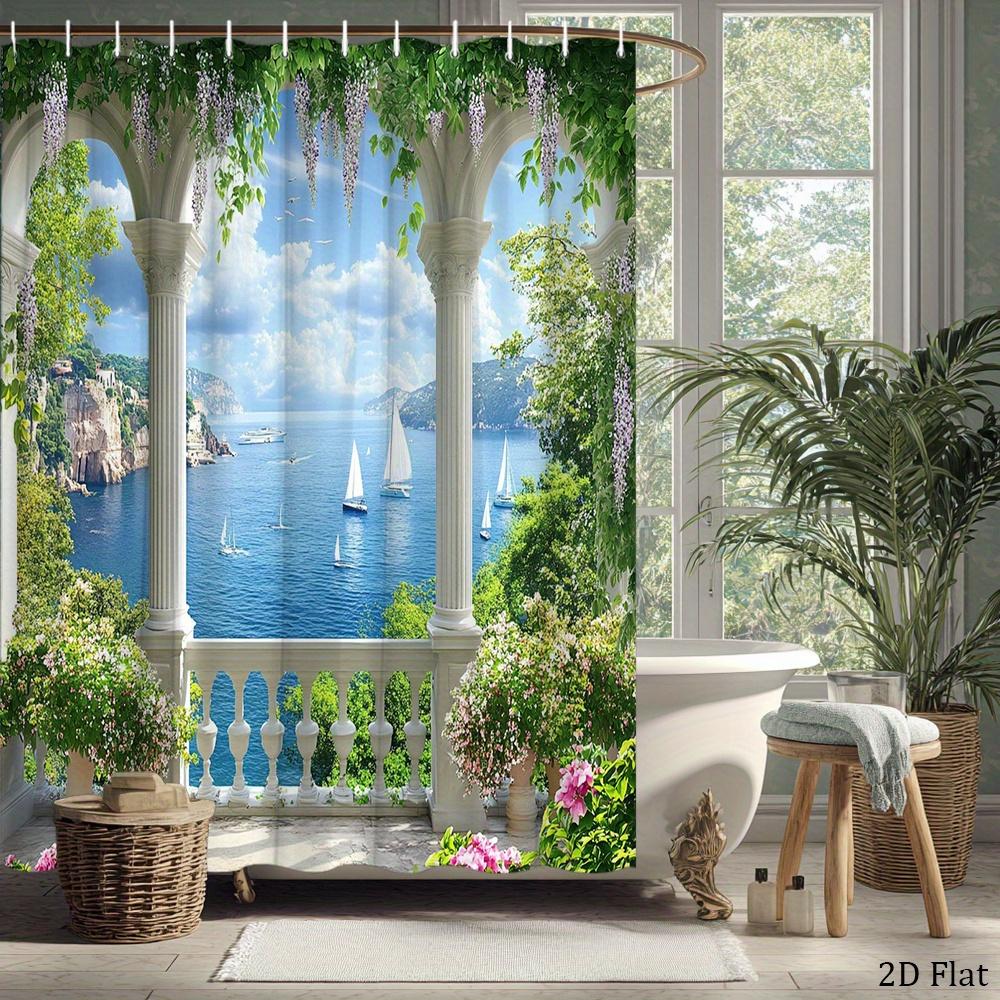 Waterproof Luxury Shower Curtain Tropical Mediterranean Scenic Beach View Floral Design Bathroom Decor 180x200cm