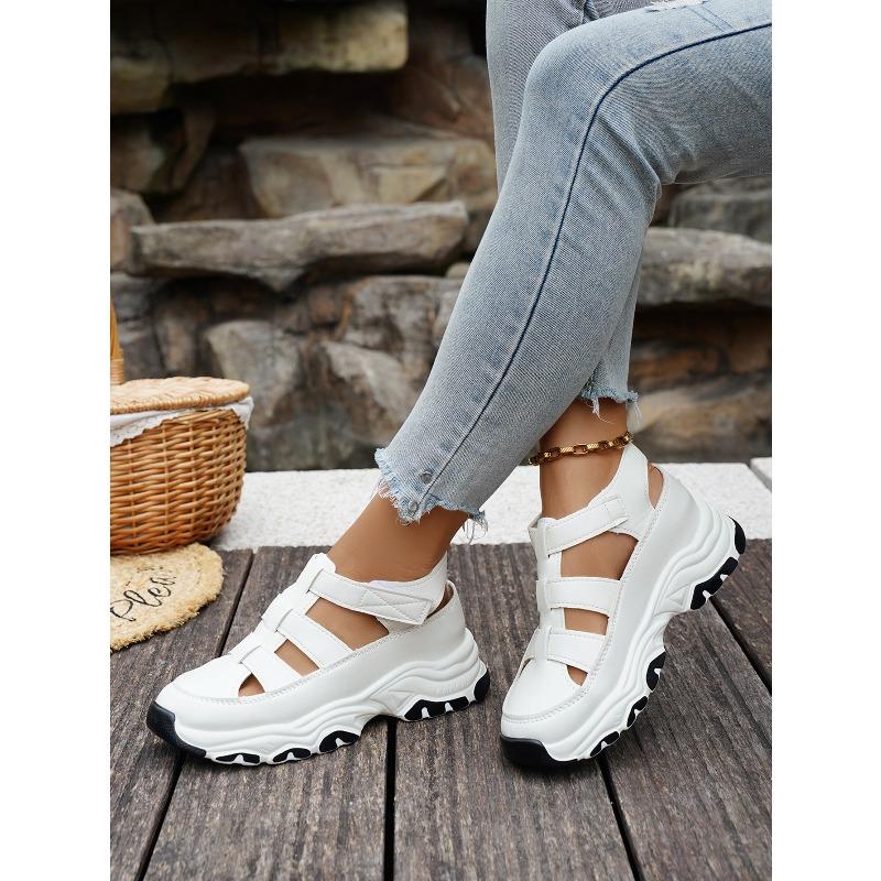 Women's Wedge Breathable Hollow Casual Sports Shoes, Thick-Soled Velcro Height-Increasing Footwear, Available In Large Sizes.