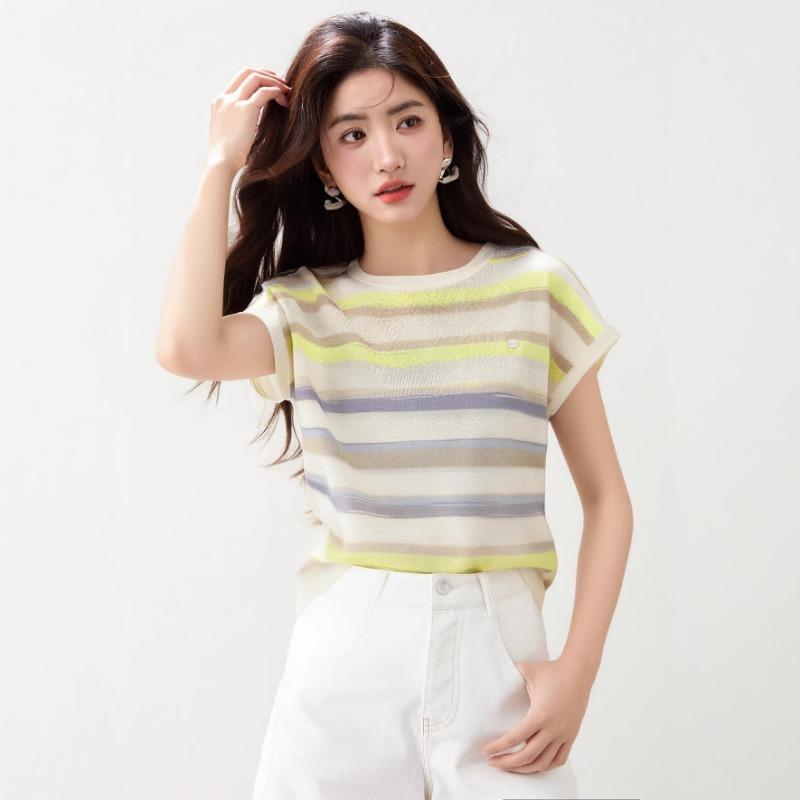 

Women s Colorful Stripe Knit Short Sleeve Top S жёлтый