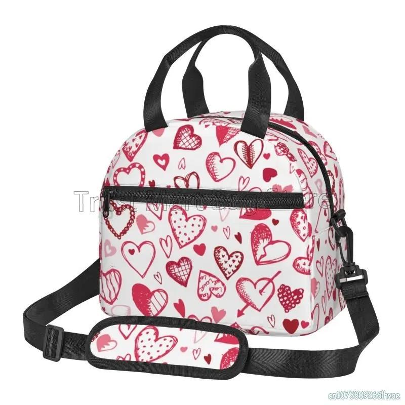 

Love Hearts Pattern Insulated Lunch Bag Leakproof Cooler Thermal Bento Tote Bag Red Love Heart Lunch Box for Work Picnic Beach
