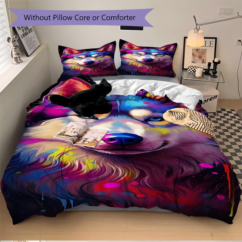 3pcs Colorful Wolf Art Duvet Cover Set -Includes 1 Duvet Cover and 2 Pillowcases, No Quilt Core, All-Season Home Decor  yy251111166