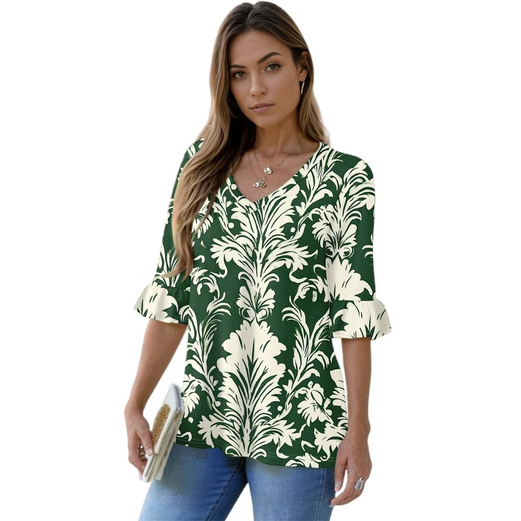 Women's Casual 3/4 Sleeve Tops V-Neck Sleeve T-Shirt Floral Print Tops