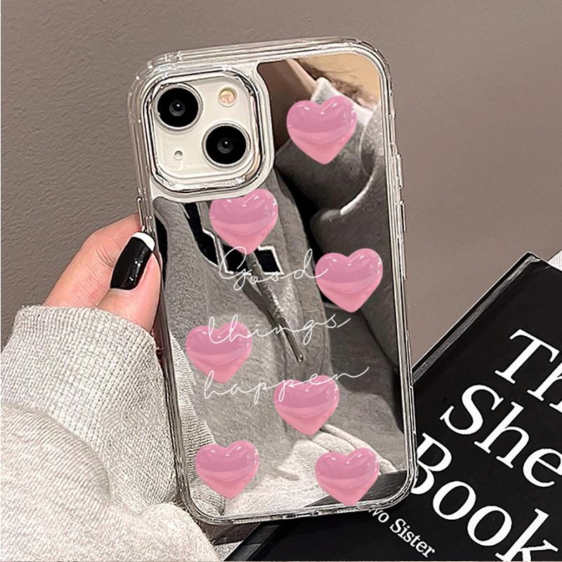 Pink Heart Pattern Mirror Phone Case For IPhone 17 16 Plus 15 14 11 12 13 Pro Max 17E 16E Shockproof Soft Protective Back Cover