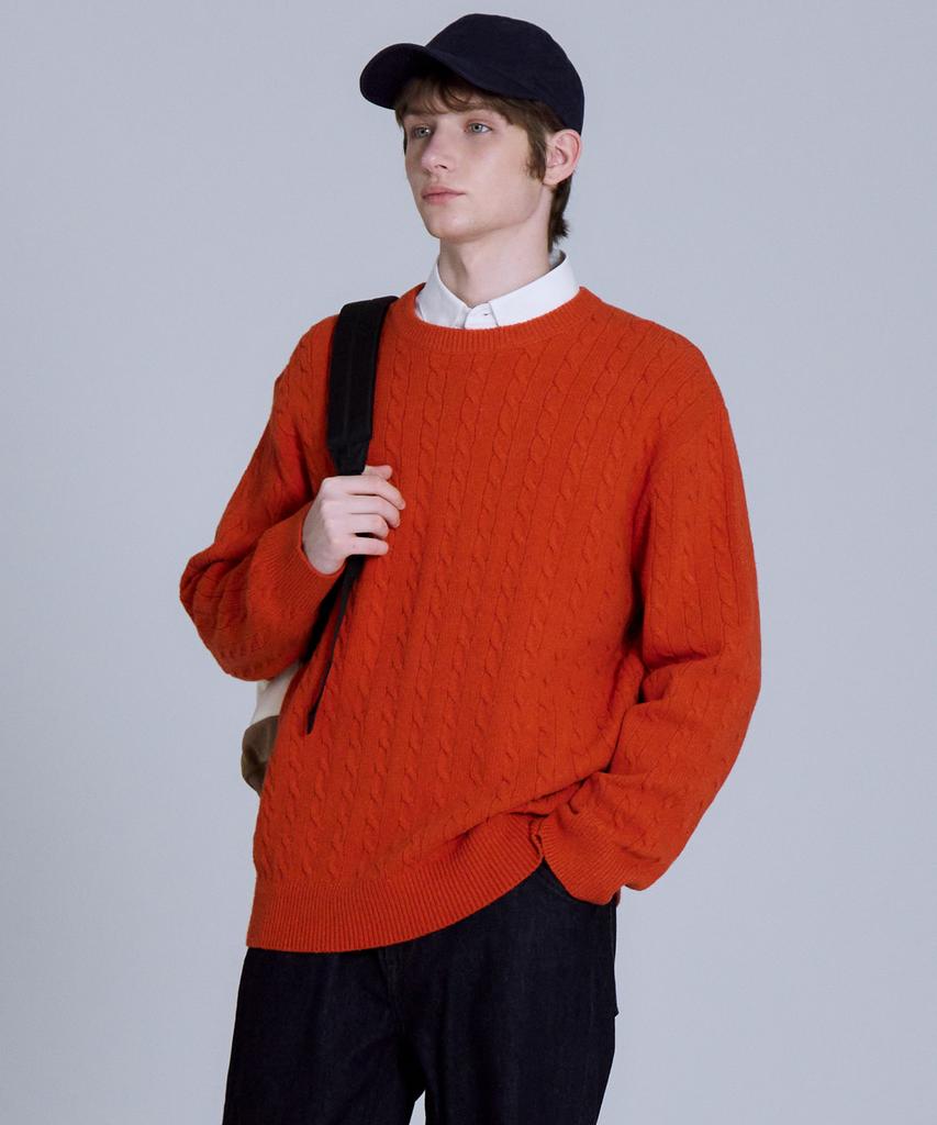 BASIC HOUSE Cable Round Neck Knit Orange Lykt7101 (Type B)
