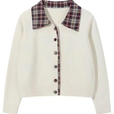 Fake Two-piece Plaid Splicing Neck Sweater Jacket Spring and Autumn New Gray College Loose Knitted Cardigan