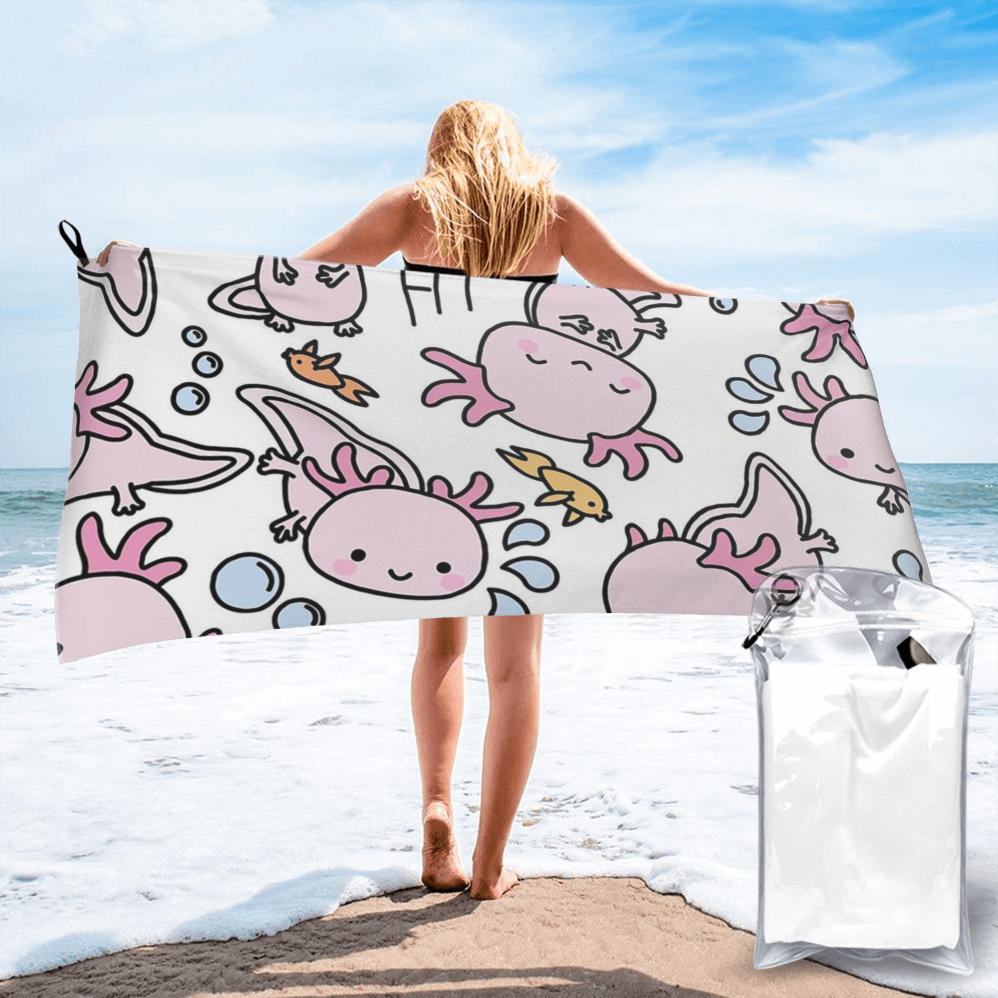 Пляжное полотенце с аксолотлями Swimmy, мягкая микрофибра, быстросохнущее, впитывающее, быстрые полотенца для бассейна 70x140 cm