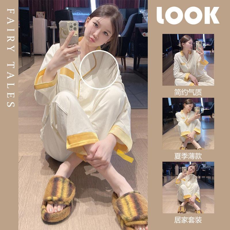 

Свежий и простой темпераментный стиль, однотонный комплект для дома с длинным рукавом, летняя тонкая пижама из высококачественного ледяного шелка, женская 2XL