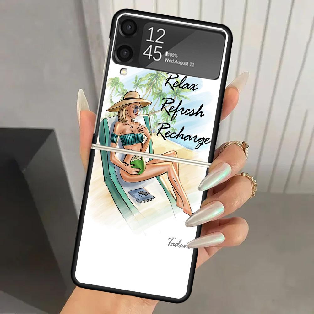 Girl Flamingo Summer Beach Hard PC Phone Case For Samsung Galaxy Z Flip 6 5 4 3 Black Cover ZFlip6 Flip5 Flip4 5G Foldable Print