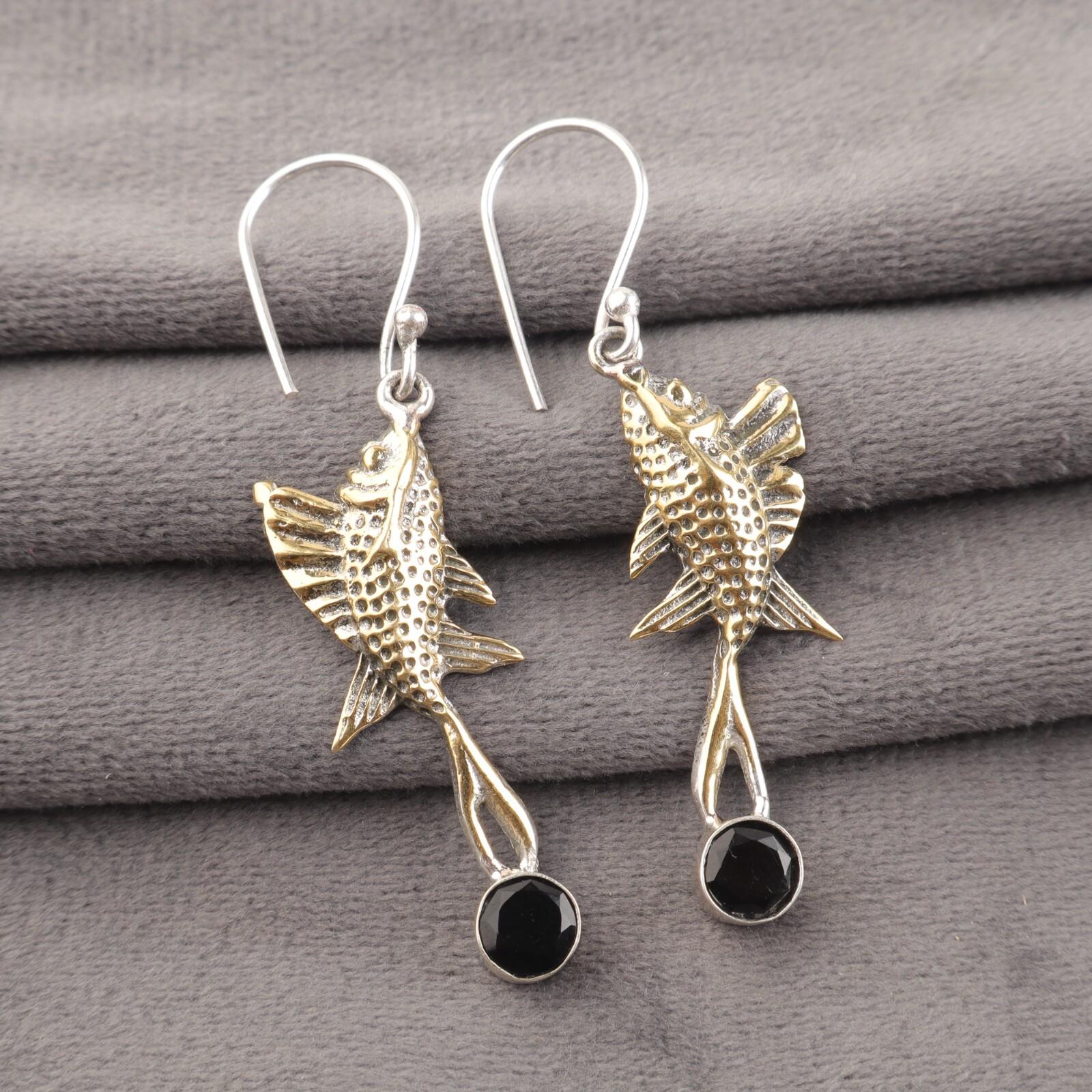 

Круглый камень черный оникс стерлинговое серебро крючок висячие серьги ручной работы уникальные EE-148-7