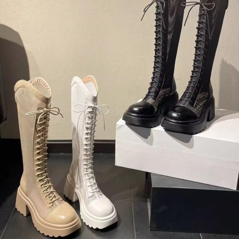 Fashion Summer Women Hollowed Out Boots Fashion Knee-high Boots Mesh Breathable Cool Boots for Women Lace Up Platform Boot Knight Botas