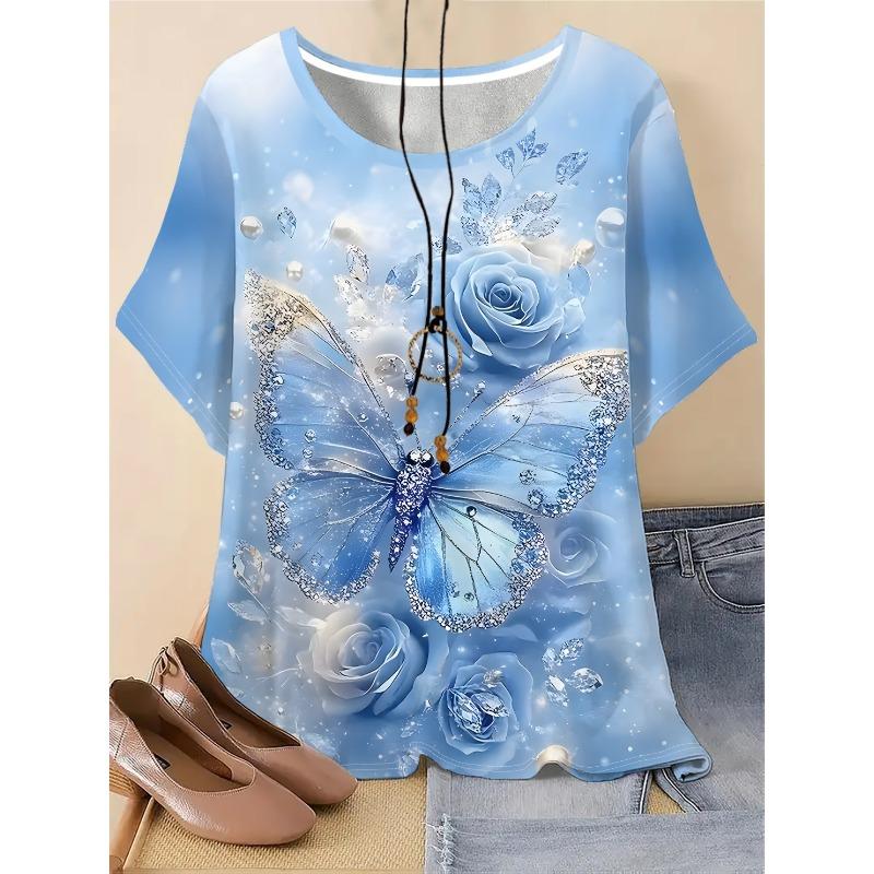 Women s Large Size Fashionable Flower Butterfly Pattern Spring and Summer Women s T-Shirt S