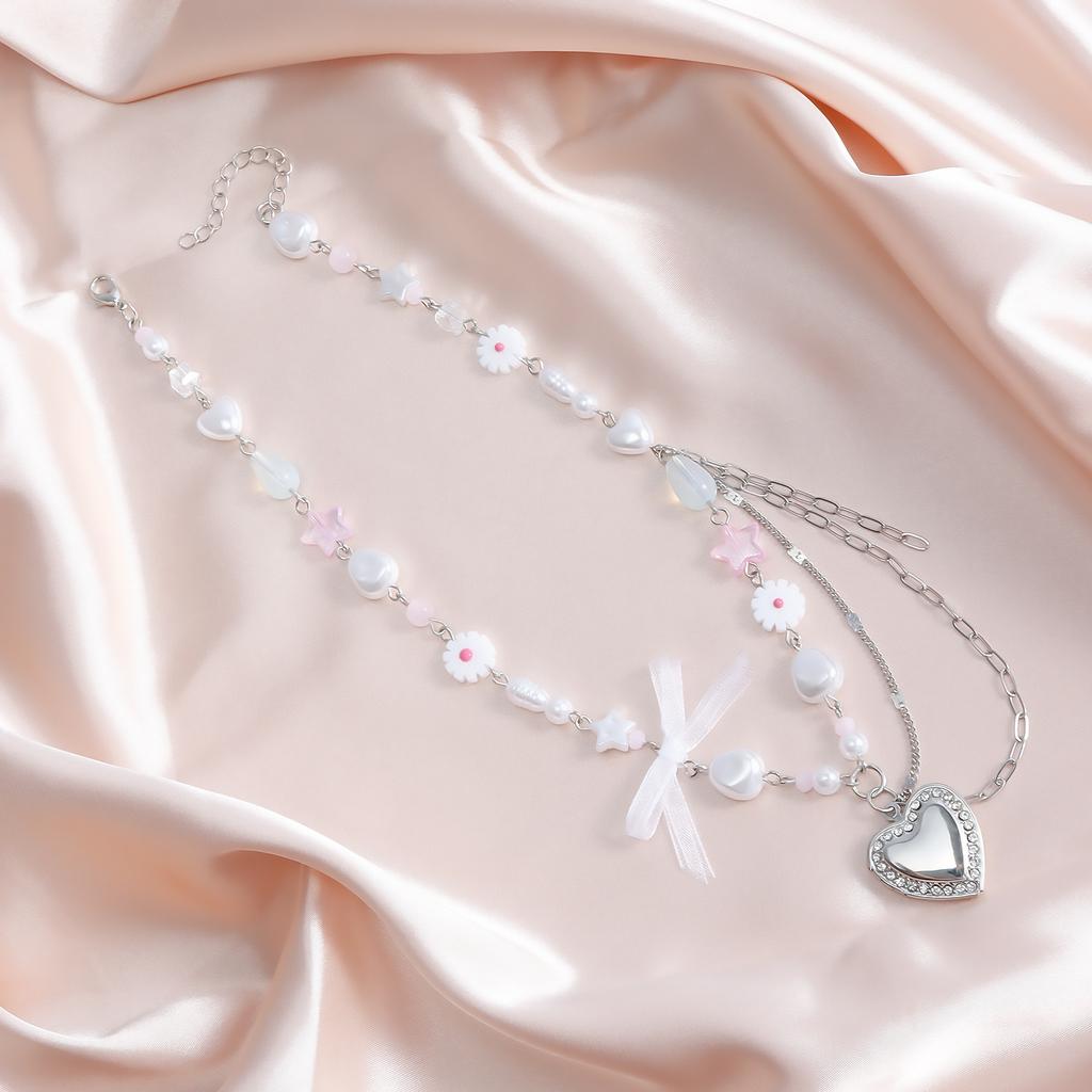 Dopamine Love Pendant Necklace Sweet Mori Collarbone Chain Xiaohongshu Bow Item Jewelry Women