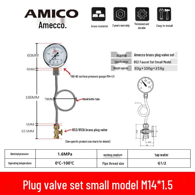 Ameikeo Brass Three-Way Plug Valve, Pressure Gauge, 4-Point Internal Thread Venting.
