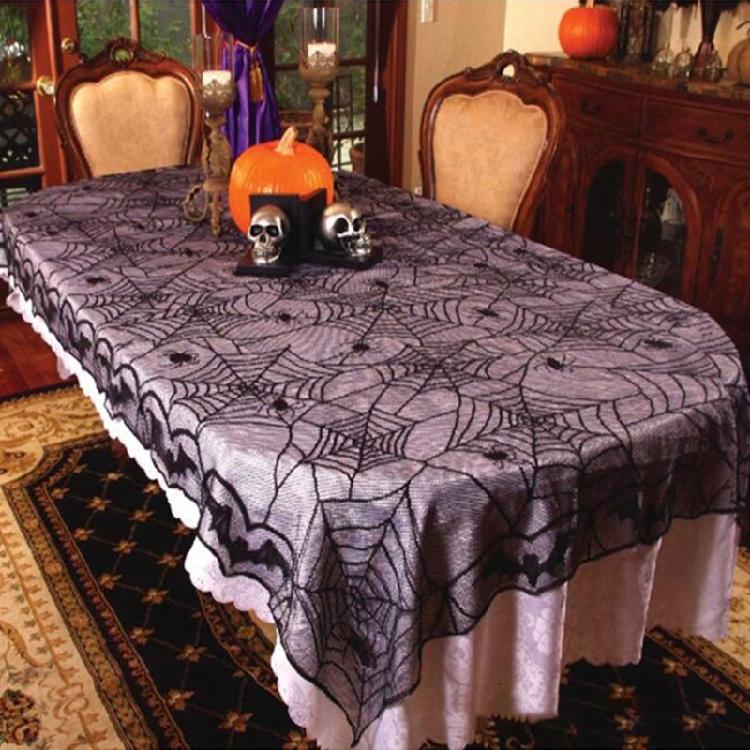 Rectangular Polyester Lace Tablecloth Black Spider Web Table Topper 48x96 inch