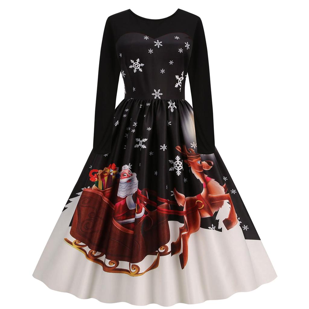 Vintage 1950s Christmas Dress for Women Retro Santa Print Long Sleeve Party Dresses for Women 2024