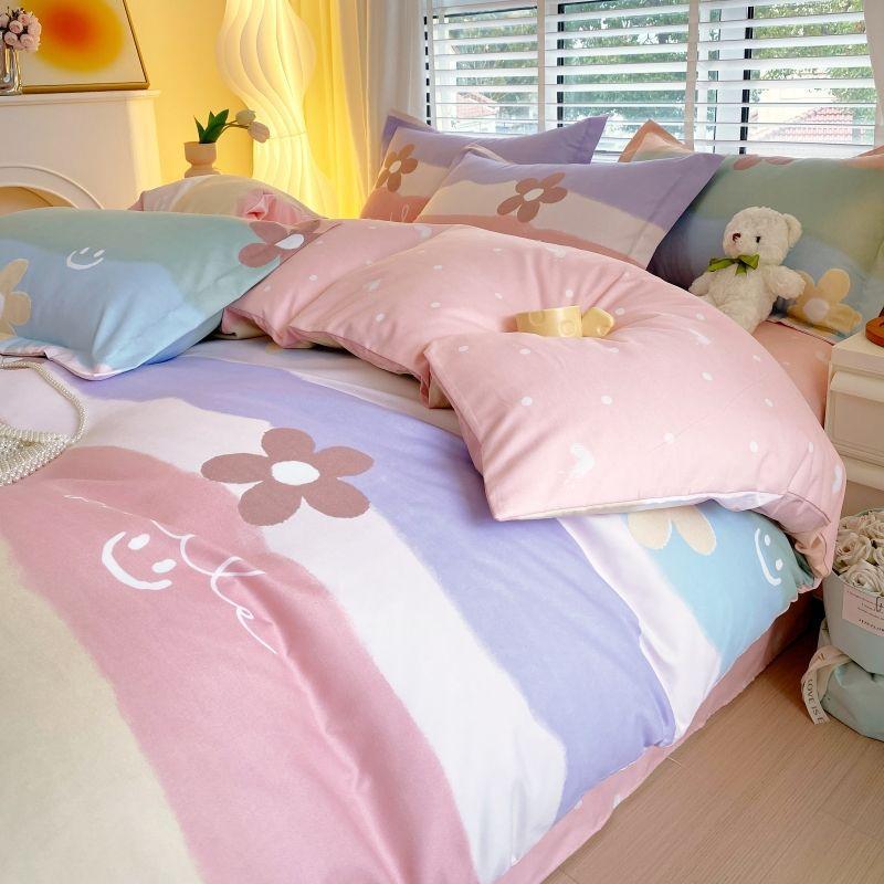 Thickened Pure Abraded Four-piece Set, Single Double Skin-friendly Twill Bed Sheet, Quilt Cover, Dormitory Three-piece Set, Bedding