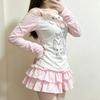 Sweet Japanese T-shirts Women's Clothing Pink Butterfly Patchwork Lace Slash Neck Tees Anime Print Off Shoulder Cute Y2k Tops