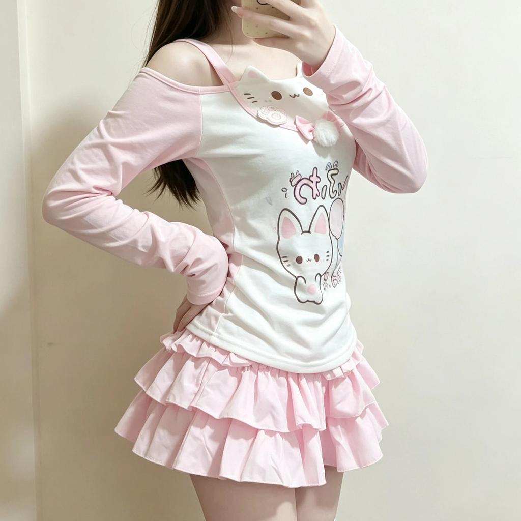 Sweet Japanese T-shirts Women's Clothing Pink Butterfly Patchwork Lace Slash Neck Tees Anime Print Off Shoulder Cute Y2k Tops