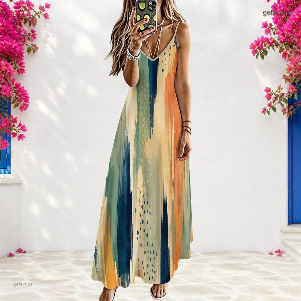Women Plus Size Spaghetti Strap V Neck Sleeveless A Line Blue Black Printed Long Dress