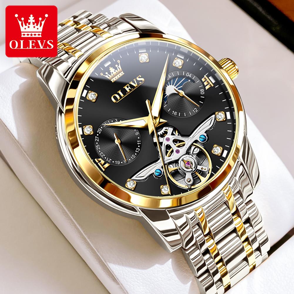 OLEVS Men's Watches Top Brand Luxury Fashion Original Automatic Mechanical Wristwatch Hollow Out Flywheel Movement Moon Phase