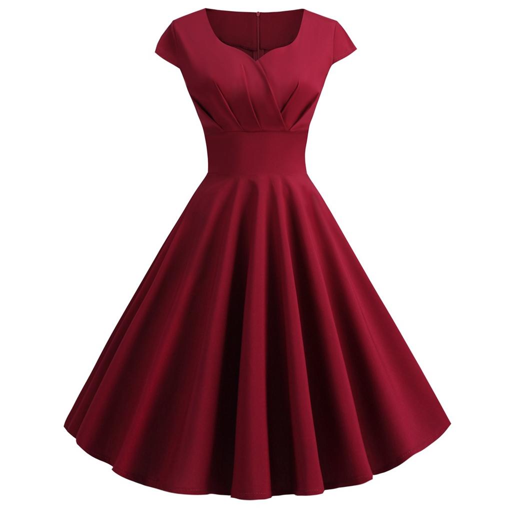 GMXIA Spring Summer Retro Women's V-neck Half-sleeve Waist Solid Color Swing High Waist Dress
