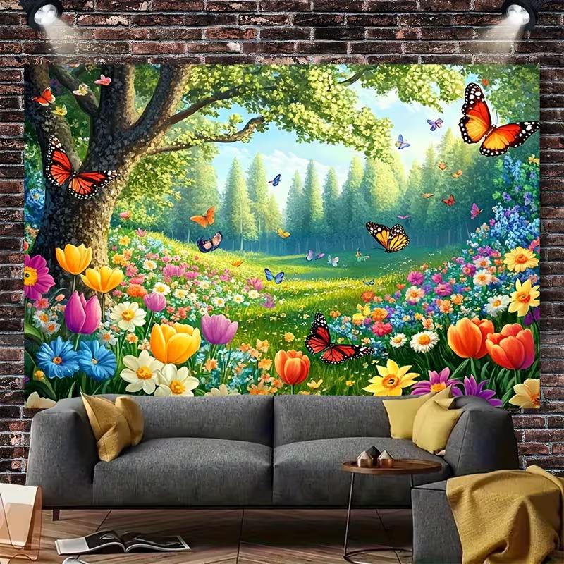 Nature Scenery Flower and Butterfly Tapestry Spring Forest Wall Art for Aesthetic Room and Nursery Decor