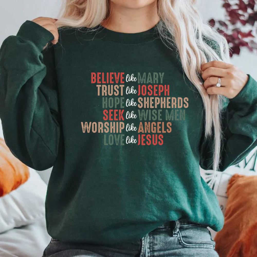 

Christian Christmas Sweatshirt Believe Like Mary Shirt Christmas Faith Sweatshirt Women Crewneck Sweatshirts Vintage Hoodies Top XXXL темно-зеленого