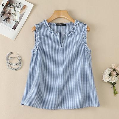 Women Casual V-Neck Plaid Print Loose Sleeveless Tank Tops