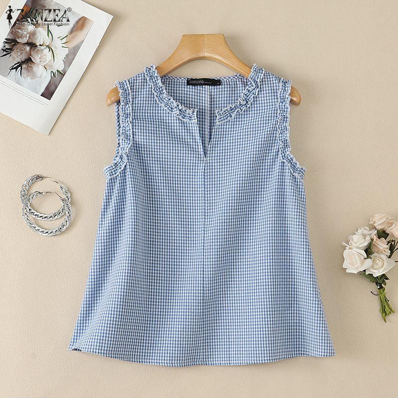 ZANZEA Canottiere Casual da Donna con Scollo a V, Stampa a Quadri, Vestibilità Larga, Senza Maniche