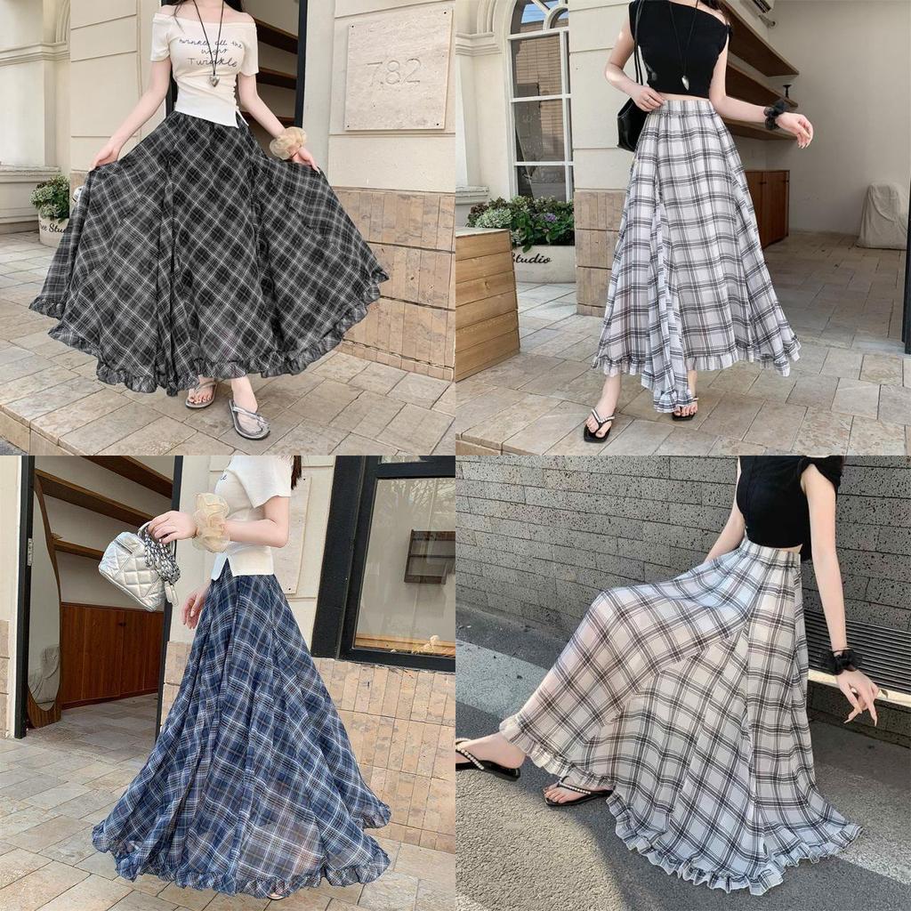 Longue jupe en mousseline à carreaux vintage avec ourlet asymétrique pour l'été décontracté pour femme