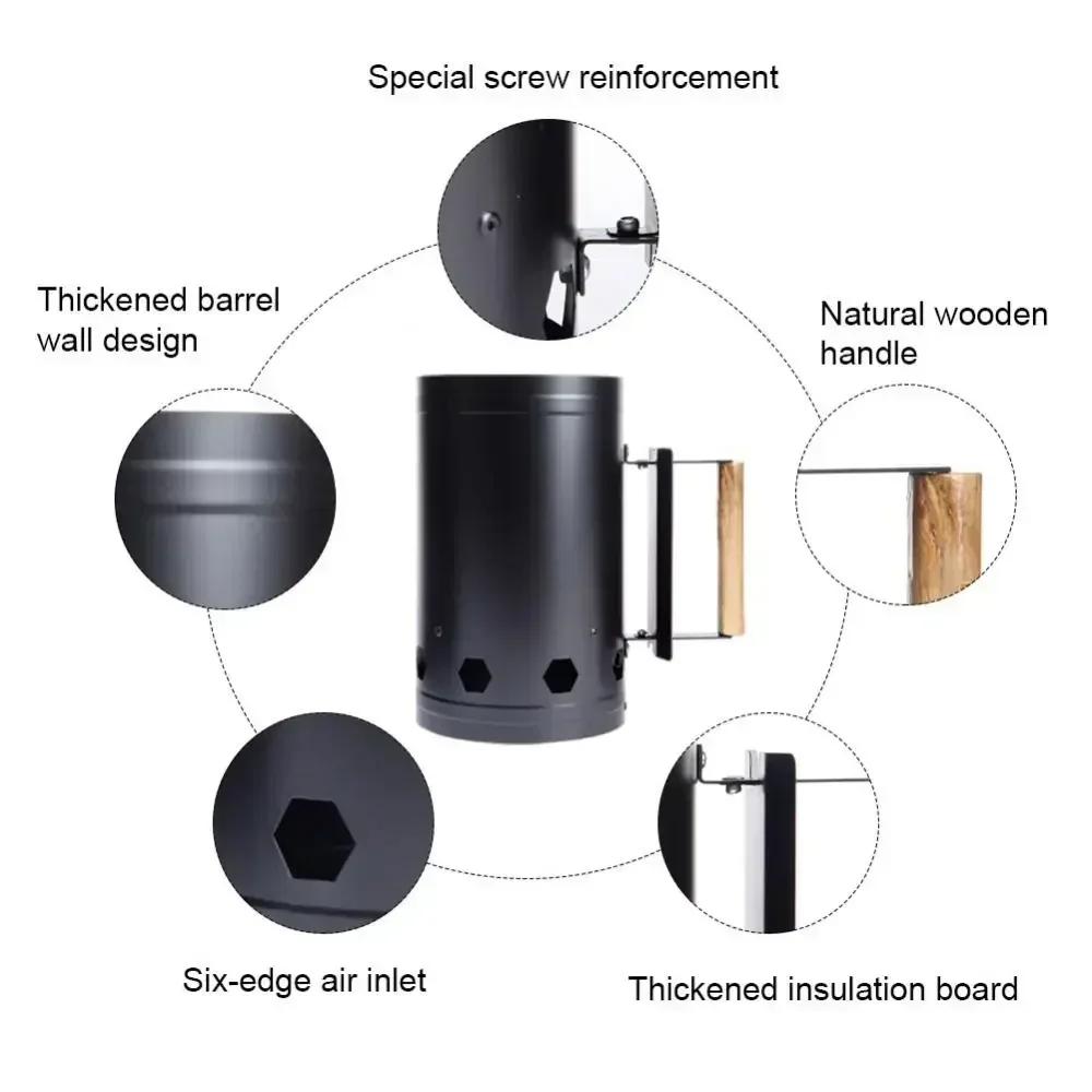 Portable Thickened Charcoal Chimney Starter Quick Light Heat Resistant Heavy Duty Fire Starter for Outdoor Camping BBQ Grill