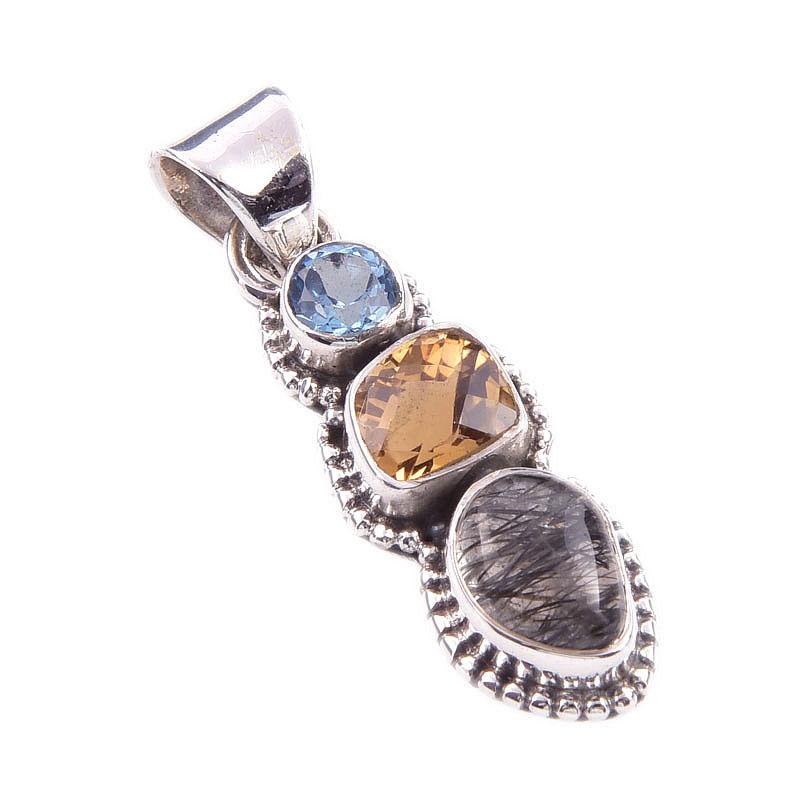 Natural Black Rutile,Citrine 925 Solid Sterling Silver Gift Pendant 1.50" b9r95