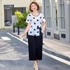 Summer Chinese Style Two-Piece Set: Short Sleeve Top & Wide Leg Pants for Middle-Aged Women