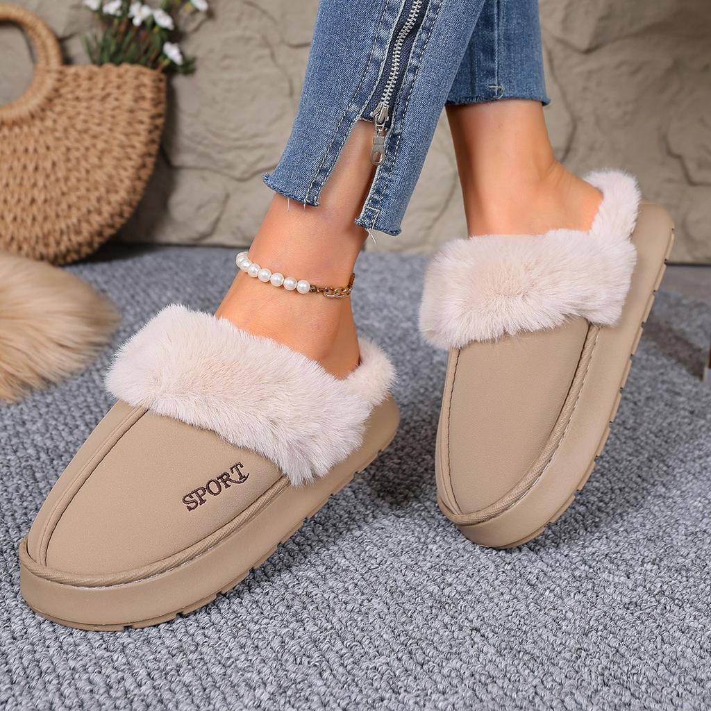 Women's Lightweight Comfortable Non-slip Heightening Winter Warm Plush Lining Non-slip Wearable Casual Stirrup Foot Cotton Slippers