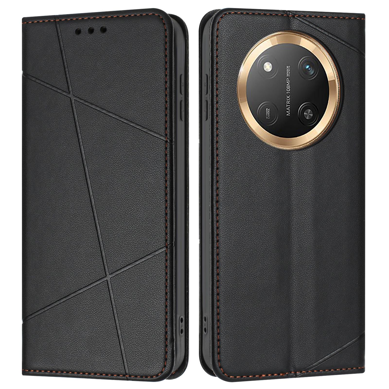 

Wallet Case for Honor X60 Pro 5G/X9c 5G/Magic7 Lite 5G Line Imprinted Leather Stand Phone Cover with Wrist Strap Black